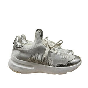 DKNY Pamela White & Silver Stretch Knit Sock Trainer Sneakers 8.5
